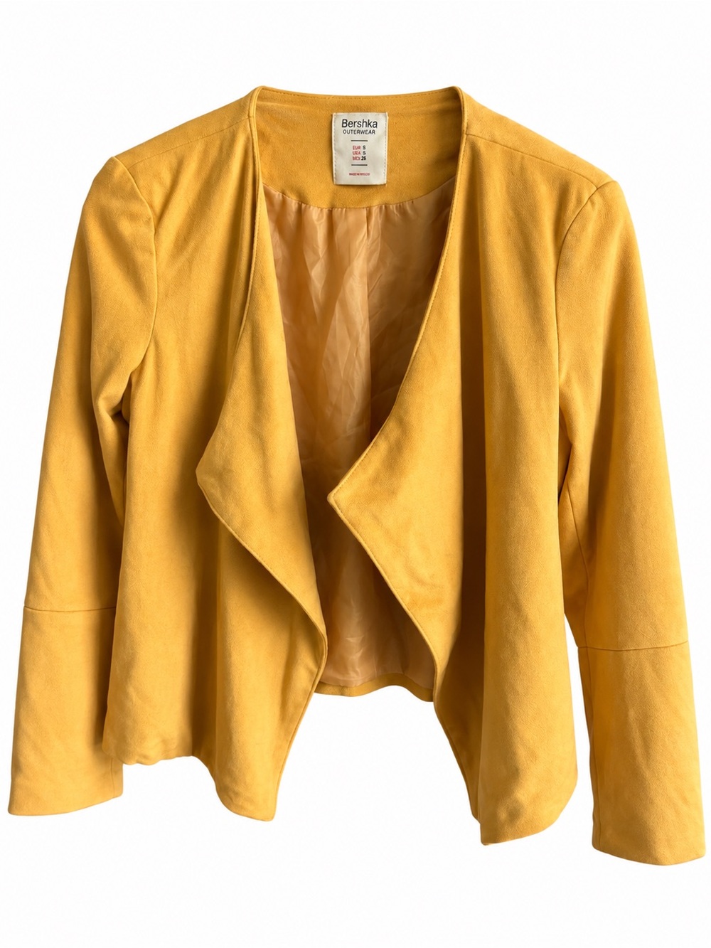 Bershka Mustard Yellow Faux Suede Open-Front Cropped Jacket Size S